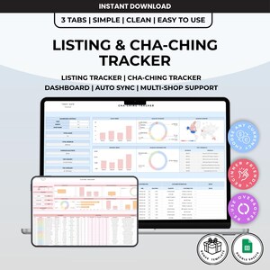 Op de afbeelding: Een digitaal sjabloon voor een Listing & Cha-Ching Tracker, weergegeven op een laptop- en tabletscherm. De interface bevat datadashboards met staafdiagrammen, ringdiagrammen en tabellen voor het bijhouden van verkoopstatistieken.