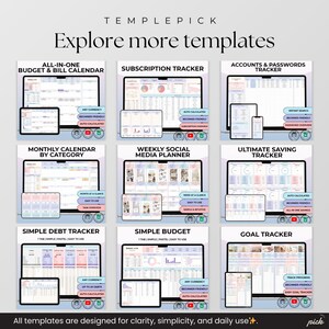 Pode incluir: Uma cole&ccedil;&atilde;o digital de nove modelos de planilhas intitulada TEMPLEPICK Explore more templates, incluindo rastreadores para or&ccedil;amentos, assinaturas, senhas, redes sociais, economias, d&iacute;vidas e metas exibidos em telas de dispositivos.