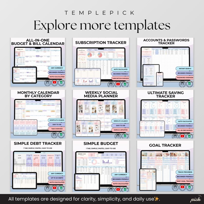 Pode incluir: Uma cole&ccedil;&atilde;o digital de nove modelos de planilhas intitulada TEMPLEPICK Explore more templates, incluindo rastreadores para or&ccedil;amentos, assinaturas, senhas, redes sociais, economias, d&iacute;vidas e metas exibidos em telas de dispositivos.