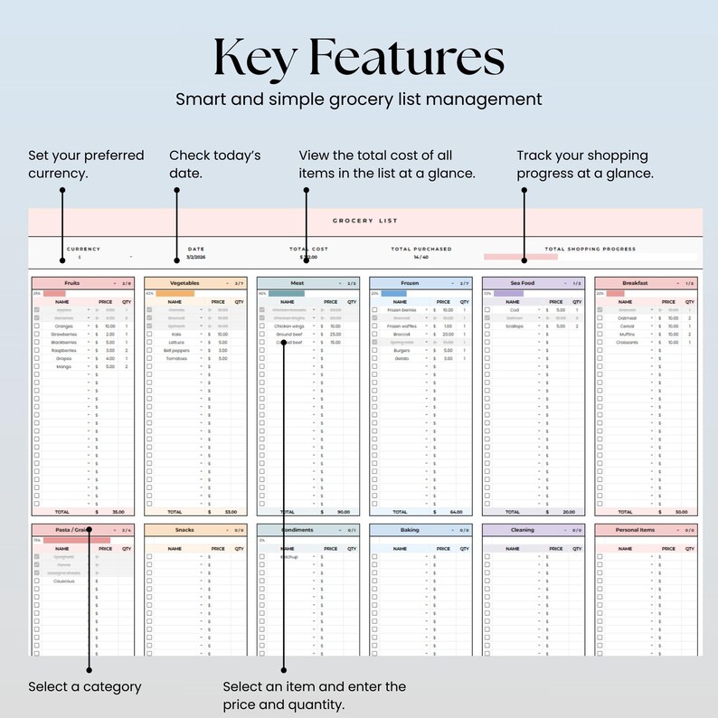 Pode incluir: Um modelo digital de gest&atilde;o de lista de compras com o cabe&ccedil;alho Key Features e Smart and simple grocery list management. O layout inclui colunas para moeda, data, custo total, total comprado e o progresso das compras.