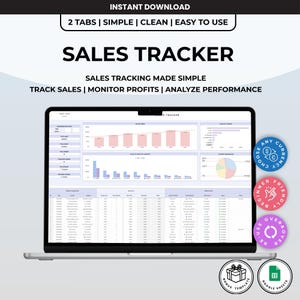 Könnte beinhalten: Eine digitale Vertriebs-Tracking-Tabelle auf einem Laptop-Bildschirm. Die Benutzeroberfläche enthält Diagramme, Grafiken und Datentabellen zur Verfolgung von Verkäufen, Gewinnen und Leistung. Der Text lautet "SALES TRACKER" und "2 TABS".
