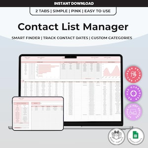 May include: A digital contact list manager template displayed on a laptop and tablet screen. The interface features pink accents, data tables, charts, and text including Contact List Manager, Smart Finder, Track Contact Dates, and Custom Categories.