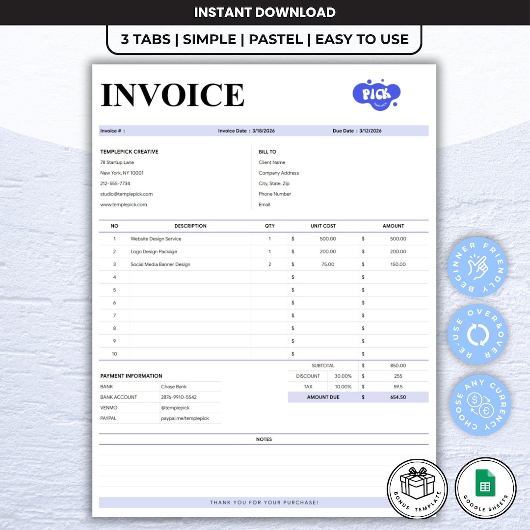 Freelancer Invoice Template | Editable & Fillable Invoice PDF | Service ...