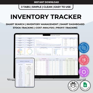 May include: An inventory tracker digital template displayed on a laptop and tablet screen. The interface features data tables, bar charts, and pie charts for stock tracking, cost analysis, and profit tracking. Text includes "INVENTORY TRACKER" and "3 TABS | SIMPLE | CLEAN | EASY TO USE".