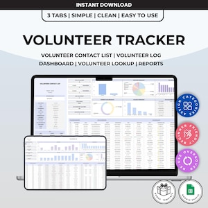 Pode incluir: Um modelo de planilha digital para rastreamento de voluntários exibido em uma tela de laptop e tablet. A interface apresenta guias para lista de contatos, registro, painel, pesquisa e relatórios com gráficos e tabelas de dados.