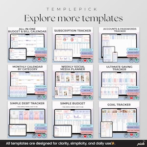 May include: A digital collection of nine spreadsheet templates labeled TEMPLEPICK Explore more templates, including budget, subscription, password, calendar, social media, savings, debt, and goal trackers with pastel color schemes and text labels.