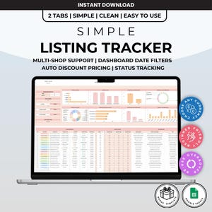 Può includere: Un tracker di inserzioni digitale visualizzato su uno schermo di un portatile, con dashboard, grafici, filtri per data e un'interfaccia a foglio di calcolo. Il testo include SIMPLE LISTING TRACKER, MULTI-SHOP SUPPORT, DASHBOARD DATE FILTERS, AUTO DISCOUNT PRICING e STATUS TRACKING.