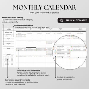 May include: A digital monthly calendar template for February 2026 featuring a task tracker, automated filtering, and visual progress indicators. The layout includes a grid view with color-coded tasks, status labels, and emoji icons for organization.