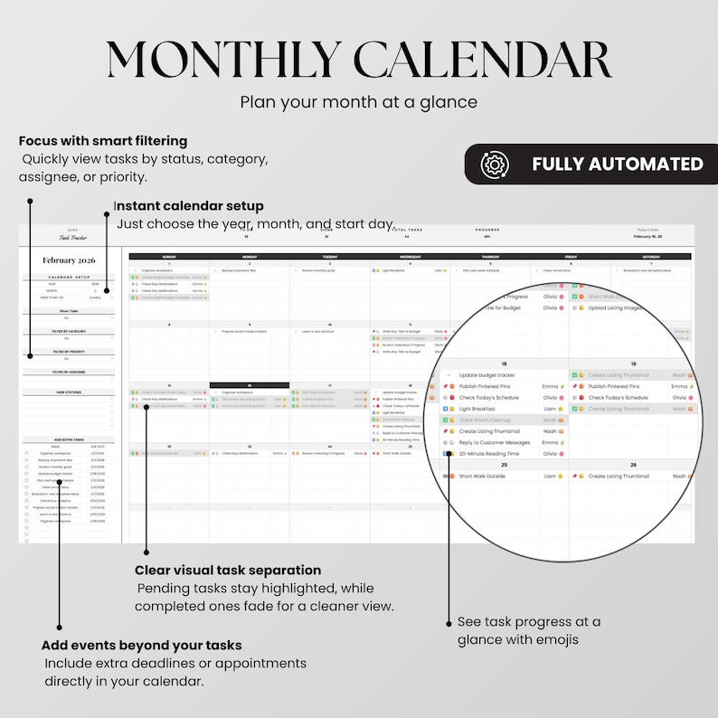 May include: A digital monthly calendar template for February 2026 featuring a task tracker, automated filtering, and visual progress indicators. The layout includes a grid view with color-coded tasks, status labels, and emoji icons for organization.