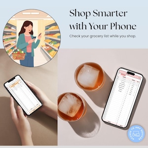Pode incluir: Uma lista de compras digital exibida na tela de um smartphone, apresentando uma tabela com colunas para nome, pre&ccedil;o e quantidade. A imagem inclui o texto Shop Smarter with Your Phone e Check your grocery list while you shop.
