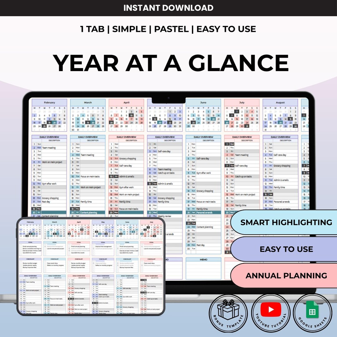 Year at a Glance Annual Planner | Google Sheets Yearly Planner With ...
