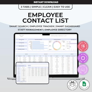 Könnte beinhalten: Ein Laptop und ein Tablet zeigen eine Vorlage für eine Mitarbeiterkontaktliste. Das Design umfasst Diagramme, Tabellen und den Text "Employee Contact List". Zusätzlicher Text umfasst "Sofortiger Download" und "Google Sheets".