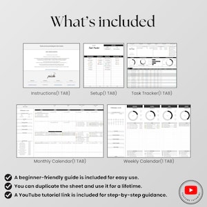 May include: A digital task tracker set featuring five distinct tabs: Instructions, Setup, Task Tracker, Monthly Calendar, and Weekly Calendar. The layout includes charts, tables, and text. Text at the bottom highlights a guide, lifetime use, and a YouTube tutorial link.