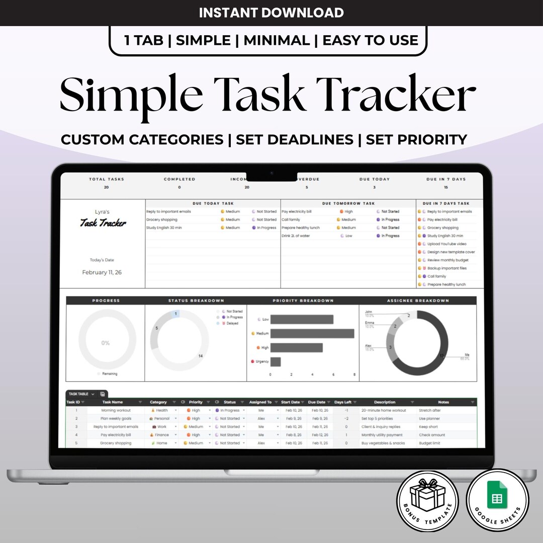 Clean Looking Tasktracker Simple Task Tracker Google Sheets | Minimal to Do List, Daily Task ...