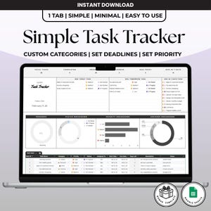 May include: A digital Simple Task Tracker template displayed on a laptop screen, featuring sections for task lists, progress charts, status breakdowns, and a detailed task table with columns for priority, status, and deadlines for Google Sheets.