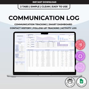 Könnte beinhalten: Eine digitale Kommunikationsprotokoll-Vorlage auf einem Laptop-Bildschirm mit intelligentem Dashboard, Kontaktverlauf und Follow-up-Tracking. Die Benutzeroberfläche enthält Diagramme, Tabellen und Datenfelder. Der Text umfasst INSTANT DOWNLOAD, 2 TABS, SIMPLE, CLEAN, EASY TO USE, COMMUNICATION LOG, BEGINNER FRIENDLY, RE-USE OVER & OVER, ACCESS TO ANY DEVICES, BONUS TEMPLATE und GOOGLE SHEETS.