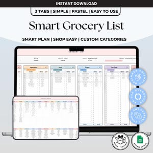 Pode incluir: Um modelo digital de lista de compras inteligente exibido em uma tela de laptop e tablet. A interface apresenta colunas em tons pastel para vegetais, carne, congelados e frutos do mar com campos para nome, pre&ccedil;o e quantidade.