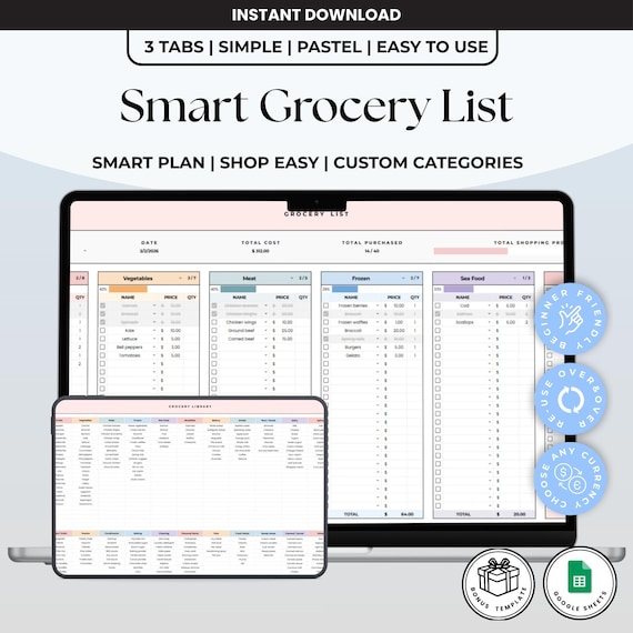 Grocery List Template Google Sheets | Smart Shopping Tracker | Digital Grocery Organizer