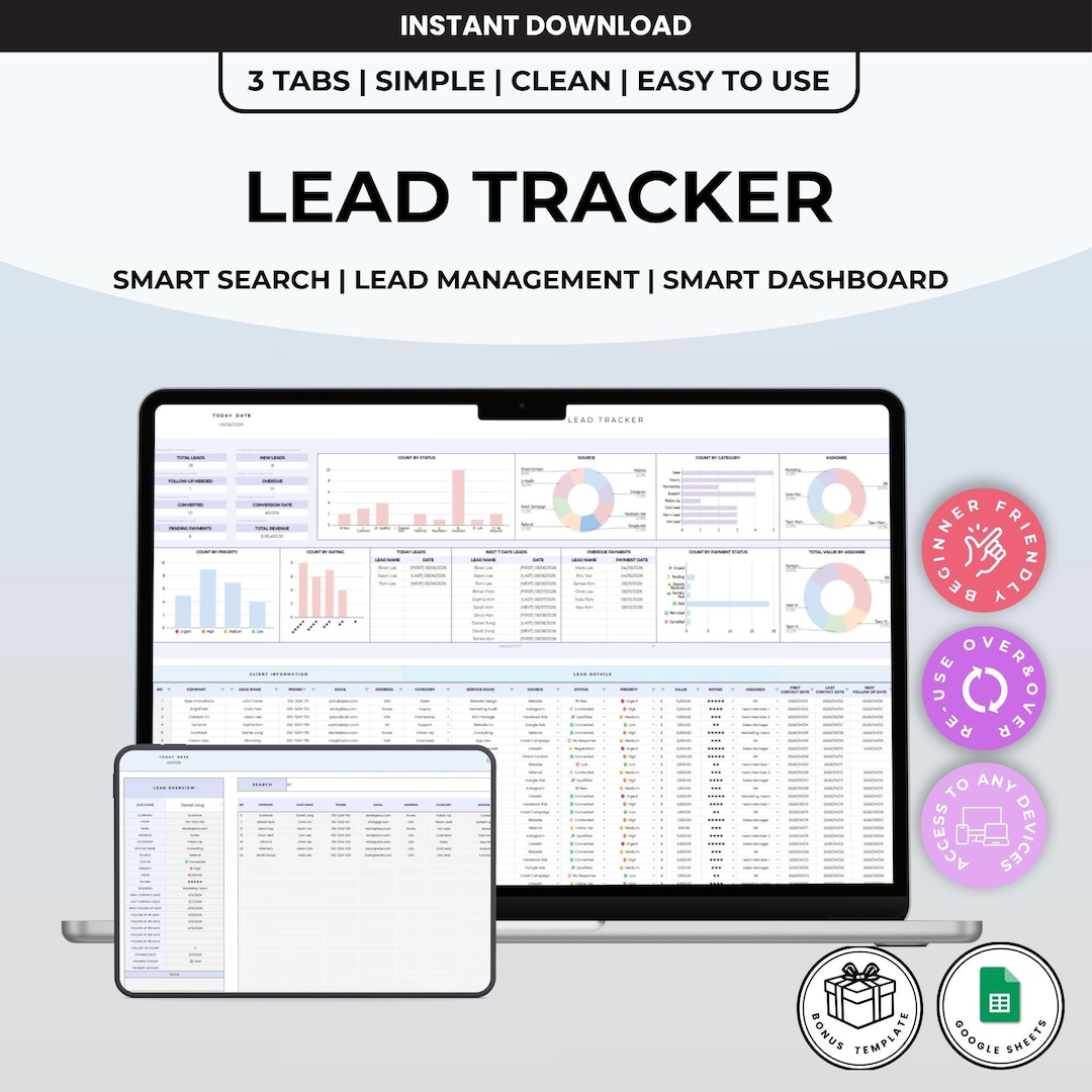 Lead Tracker Google Sheets, Client Management CRM, Follow up Organizer ...