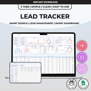 Op de afbeelding: Een laptop en tablet met een lead tracker-sjabloon. Het scherm toont grafieken en datatabellen. Bovenin staat de tekst "LEAD TRACKER" en "DIRECT DOWNLOADEN". Extra pictogrammen en tekst geven functies aan zoals "Beginner Friendly" en "Toegang tot alle apparaten."