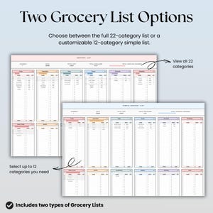Pode incluir: Dois modelos digitais de listas de compras com um layout de 22 categorias e um layout simples de 12 categorias. O texto diz Two Grocery List Options, Choose between the full 22-category list or a customizable 12-category simple list, e Includes two types of Grocery Lists.