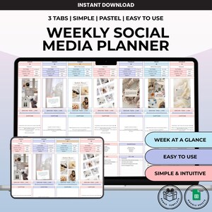 May include: A digital weekly social media planner template displayed on a laptop and tablet screen. The interface features pastel-colored tabs, organized columns for content scheduling, and sections for captions, design tool links, and daily tasks.