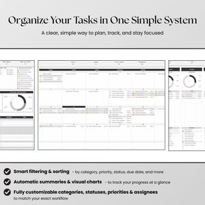 May include: A digital task management system featuring a monthly calendar view, progress charts, and task lists. The text reads: Organize Your Tasks in One Simple System, A clear, simple way to plan, track, and stay focused, Smart filtering & sorting, Automatic summaries & visual charts, Fully customizable categories, statuses, priorities & assignees.