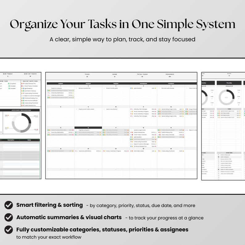 May include: A digital task management system featuring a monthly calendar view, progress charts, and task lists. The text reads: Organize Your Tasks in One Simple System, A clear, simple way to plan, track, and stay focused, Smart filtering & sorting, Automatic summaries & visual charts, Fully customizable categories, statuses, priorities & assignees.