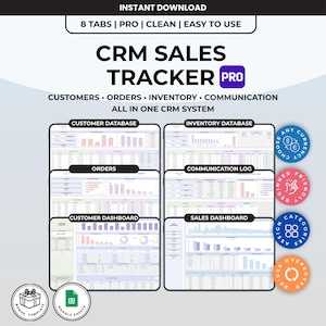 May include: A digital CRM Sales Tracker Pro template featuring eight tabs for managing customers, orders, inventory, and communication. The interface displays various dashboards, charts, and data tables. Includes icons for Google Sheets and bonus templates.