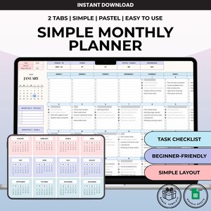May include: A digital simple monthly planner displayed on a laptop and tablet screen. The interface features a pastel colour palette, a task checklist, and a monthly calendar view. Text includes 'SIMPLE MONTHLY PLANNER', 'TASK CHECKLIST', 'BEGINNER-FRIENDLY', and 'SIMPLE LAYOUT'.