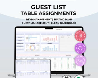 Modèle de liste d'invités, feuilles Google, suivi des RSVP de mariage, devoirs de table, plan de la salle, organisateur d'événements