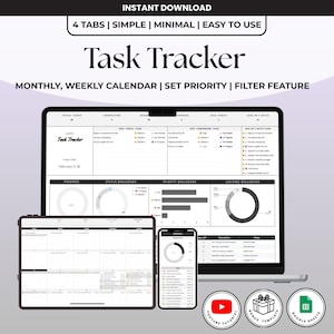 May include: A digital task tracker template displayed on a laptop, tablet, and smartphone. The interface features a monthly and weekly calendar, priority settings, and filter options. Text includes Task Tracker, 4 Tabs, and Monthly, Weekly Calendar.