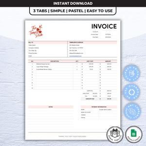 May include: A pastel-colored invoice template with the text "INSTANT DOWNLOAD" and "3 TABS | SIMPLE | PASTEL | EASY TO USE". The invoice includes fields for client details, item descriptions, and payment information. It also has several round stickers.