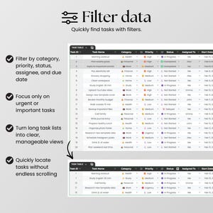 May include: A digital interface display showing a task table with columns for ID, name, category, priority, status, assignee, and date. The text Filter data and Quickly find tasks with filters appears above a list of twenty tasks.