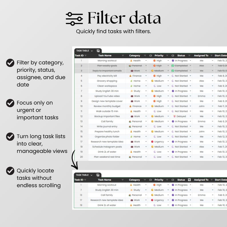 May include: A digital interface display showing a task table with columns for ID, name, category, priority, status, assignee, and date. The text Filter data and Quickly find tasks with filters appears above a list of twenty tasks.