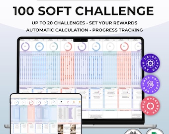 100 Soft Challenge Tracker Google Sheets, Habit Tracker, Täglicher Wochenplaner, Self Care Wellness