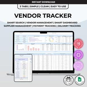 Puede incluir: Un ordenador portátil y una tableta muestran una hoja de cálculo de seguimiento de proveedores. La pantalla muestra visualizaciones de datos y tablas. La imagen incluye texto: "Descarga instantánea", "Vendor Tracker" y funciones como "Búsqueda inteligente" y "Seguimiento de pagos".