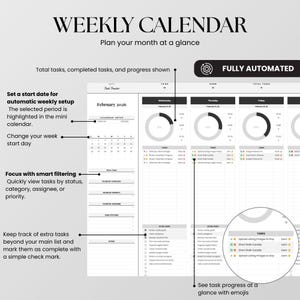 May include: A digital weekly calendar template for February 2026 featuring a task tracker, progress donut charts, and automated setup options. The interface includes columns for daily tasks, status filters, and a section for extra tasks with checkboxes.