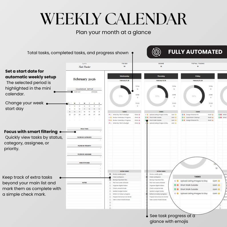 May include: A digital weekly calendar template for February 2026 featuring a task tracker, progress donut charts, and automated setup options. The interface includes columns for daily tasks, status filters, and a section for extra tasks with checkboxes.