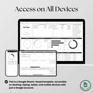 May include: A digital task tracker template displayed on a laptop, tablet, and smartphone screen. The interface features charts, progress bars, and task lists with the text Access on All Devices and Google Sheets. It tracks daily tasks, status, and priority levels.