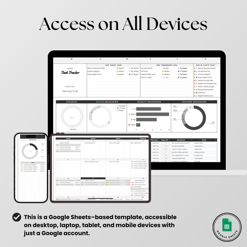 May include: A digital task tracker template displayed on a laptop, tablet, and smartphone screen. The interface features charts, progress bars, and task lists with the text Access on All Devices and Google Sheets. It tracks daily tasks, status, and priority levels.