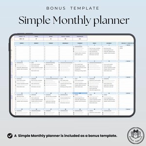 Pode incluir: Um tablet digital exibindo um modelo de planejador mensal simples com um layout de grade, colunas para os dias da semana e linhas para as datas. A interface inclui se&ccedil;&otilde;es para tarefas, acompanhamento de progresso e uma lista de verifica&ccedil;&atilde;o semanal.