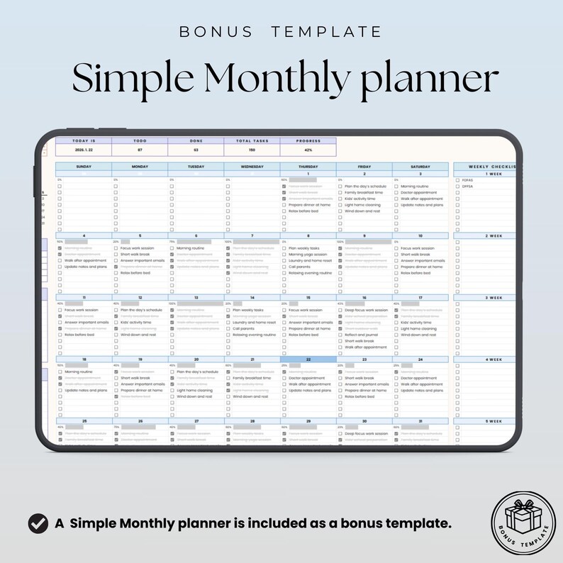 Pode incluir: Um tablet digital exibindo um modelo de planejador mensal simples com um layout de grade, colunas para os dias da semana e linhas para as datas. A interface inclui se&ccedil;&otilde;es para tarefas, acompanhamento de progresso e uma lista de verifica&ccedil;&atilde;o semanal.