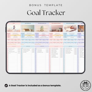 May include: A digital goal tracker template displayed on a tablet screen, featuring six distinct columns with image headers, progress bars, status indicators, and detailed checklists for tracking personal objectives and daily habits.
