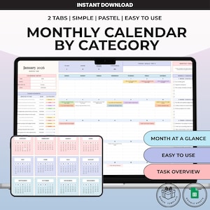 Puede incluir: Una plantilla de calendario mensual digital que se muestra en una computadora portátil y una tableta. El calendario presenta una combinación de colores pastel y el texto "MONTHLY CALENDAR BY CATEGORY". El texto adicional incluye "MONTH AT A GLANCE", "EASY TO USE" y "TASK OVERVIEW".