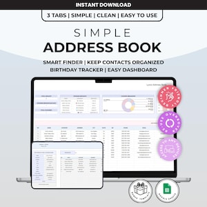 Könnte beinhalten: Ein digitales Adressbuch, das auf einem Laptop und Tablet angezeigt wird. Der Bildschirm zeigt ein Tabellenlayout mit Kontaktinformationen. Das Design enthält den Text "SIMPLE ADDRESS BOOK" und "INSTANT DOWNLOAD".