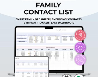 Family Contact List Google Sheets, Emergency Information Tracker, Household Organizer, Birthday Reminder, Family Binder