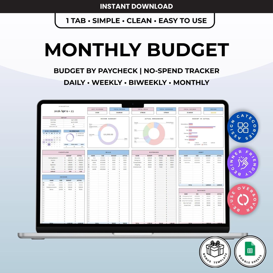 Monthly Budget Planner Google Sheets | Simple Expense Tracker & Bill ...