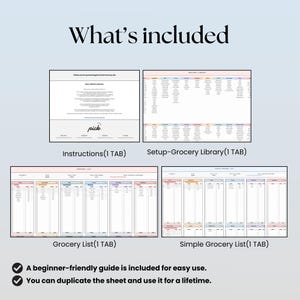 Pode incluir: Um conjunto de folhas de c&aacute;lculo digitais para planeamento de compras com quatro separadores distintos: Instructions, Setup-Grocery Library, Grocery List e Simple Grocery List. O esquema inclui colunas e linhas organizadas para registar artigos, quantidades e totais.