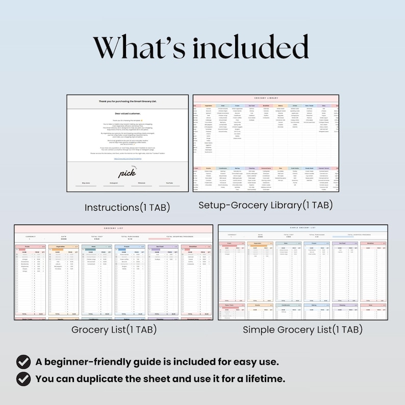 Pode incluir: Um conjunto de folhas de c&aacute;lculo digitais para planeamento de compras com quatro separadores distintos: Instructions, Setup-Grocery Library, Grocery List e Simple Grocery List. O esquema inclui colunas e linhas organizadas para registar artigos, quantidades e totais.